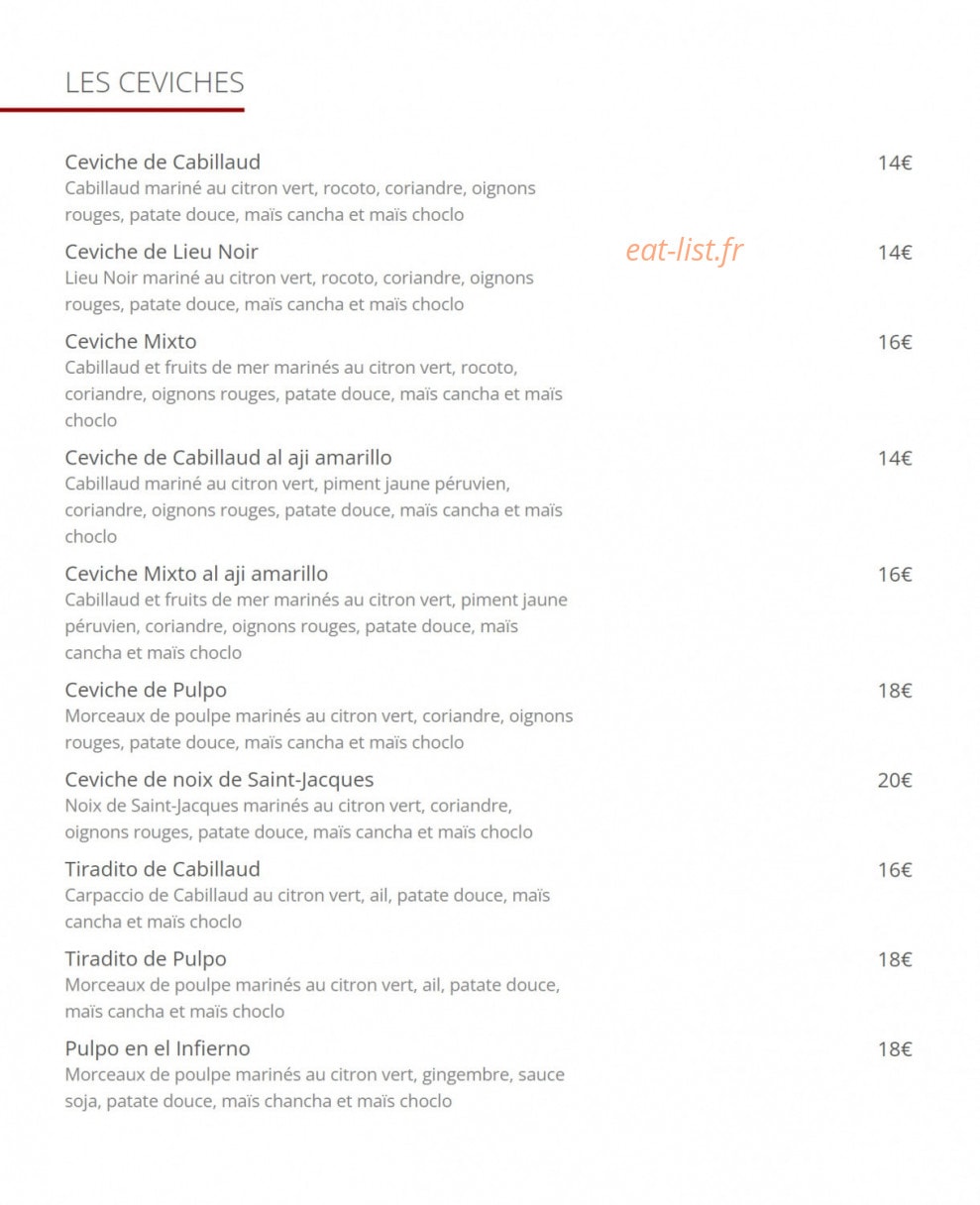 Carte et menu de Cevicheria Bon Bon à Paris 13 — les ceviches