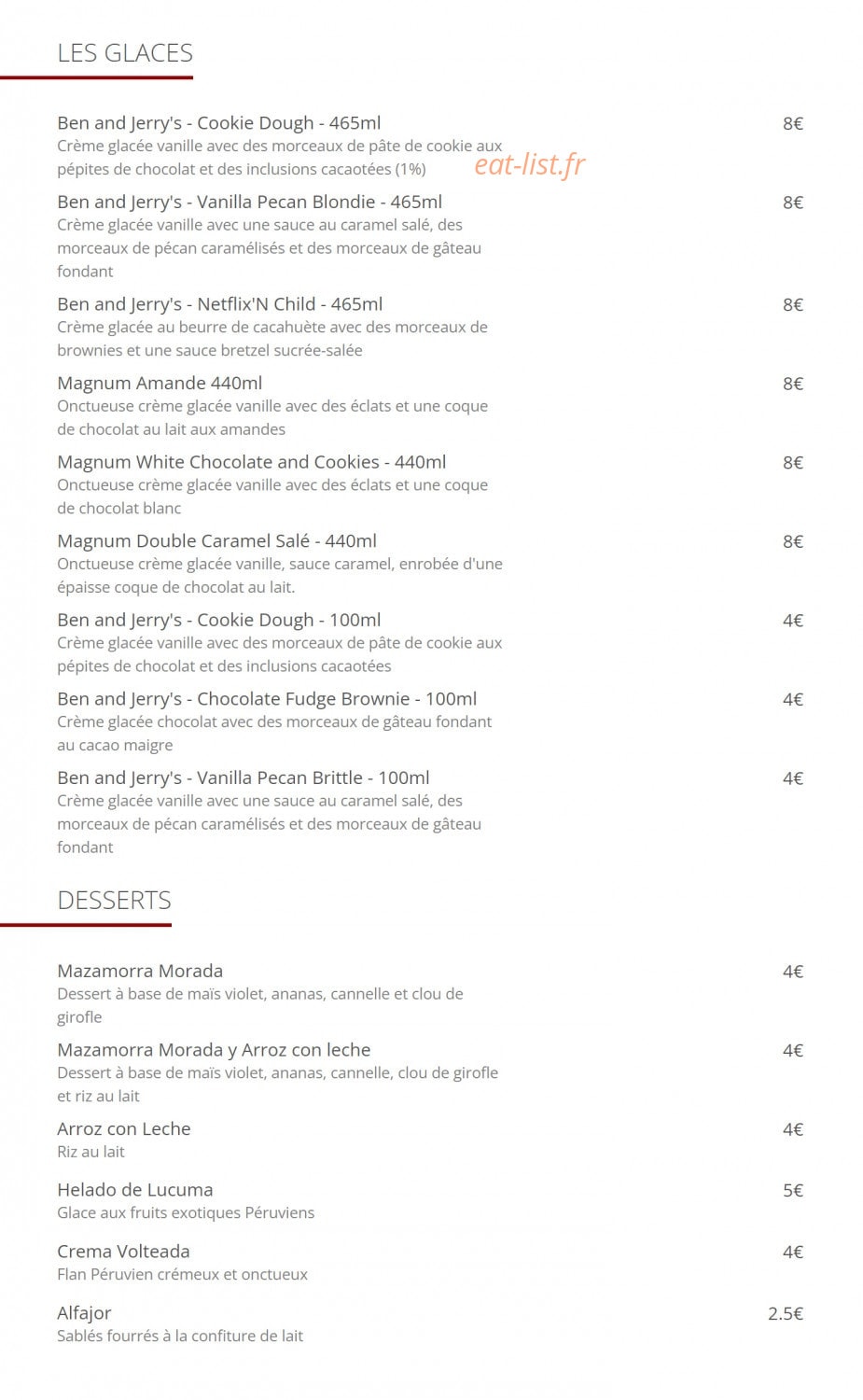 Carte et menu de Cevicheria Bon Bon à Paris 13 — glaces et desserts