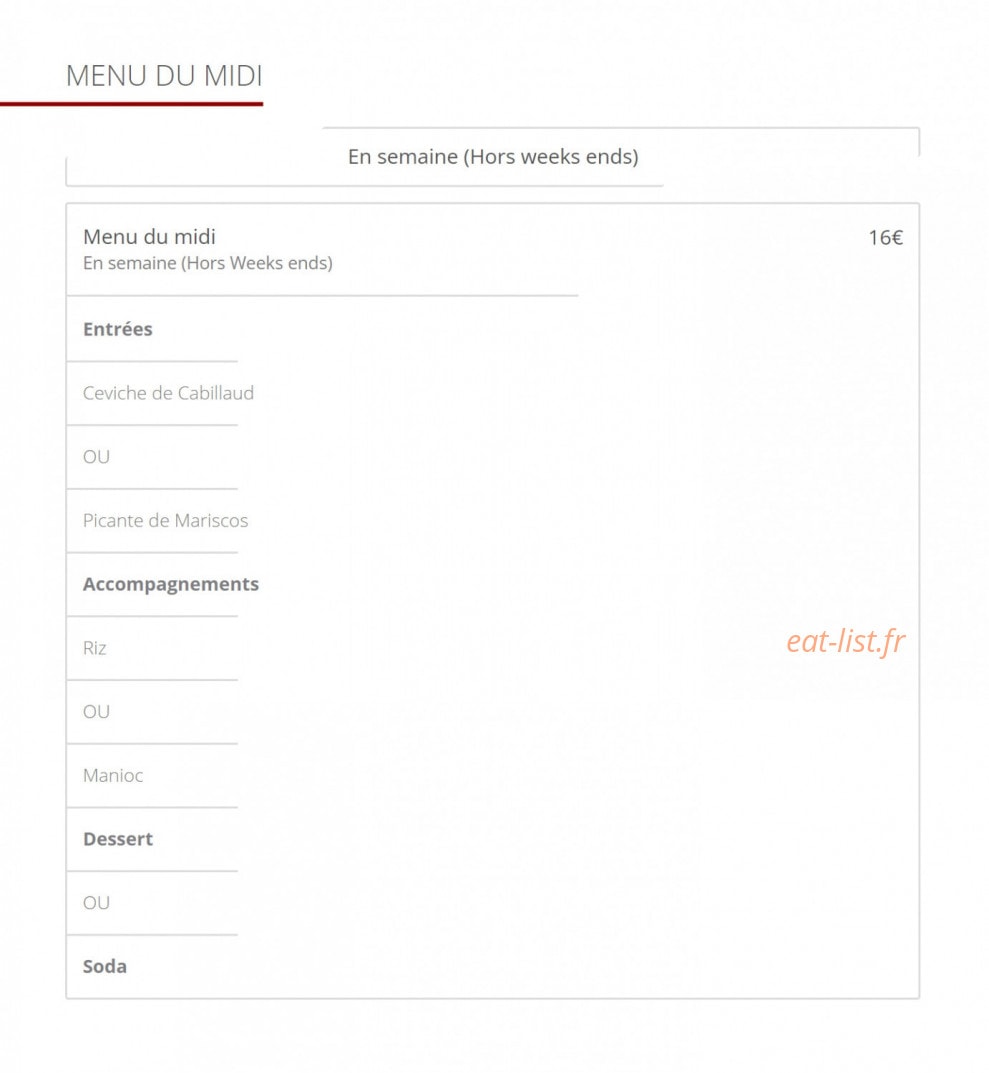 Carte et menu de Cevicheria Bon Bon à Paris 13 — menu du midi