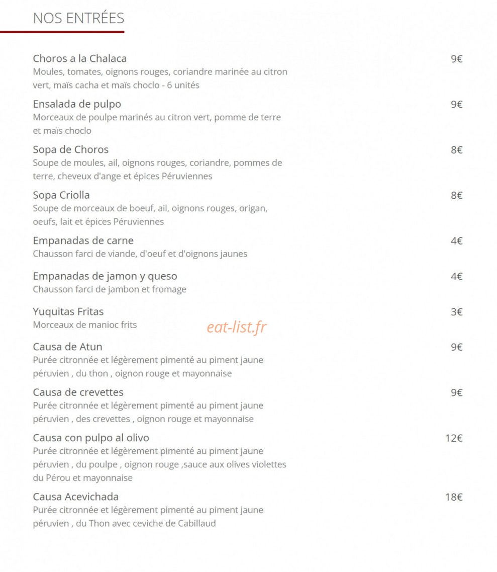 Carte et menu de Cevicheria Bon Bon à Paris 13 — entrées