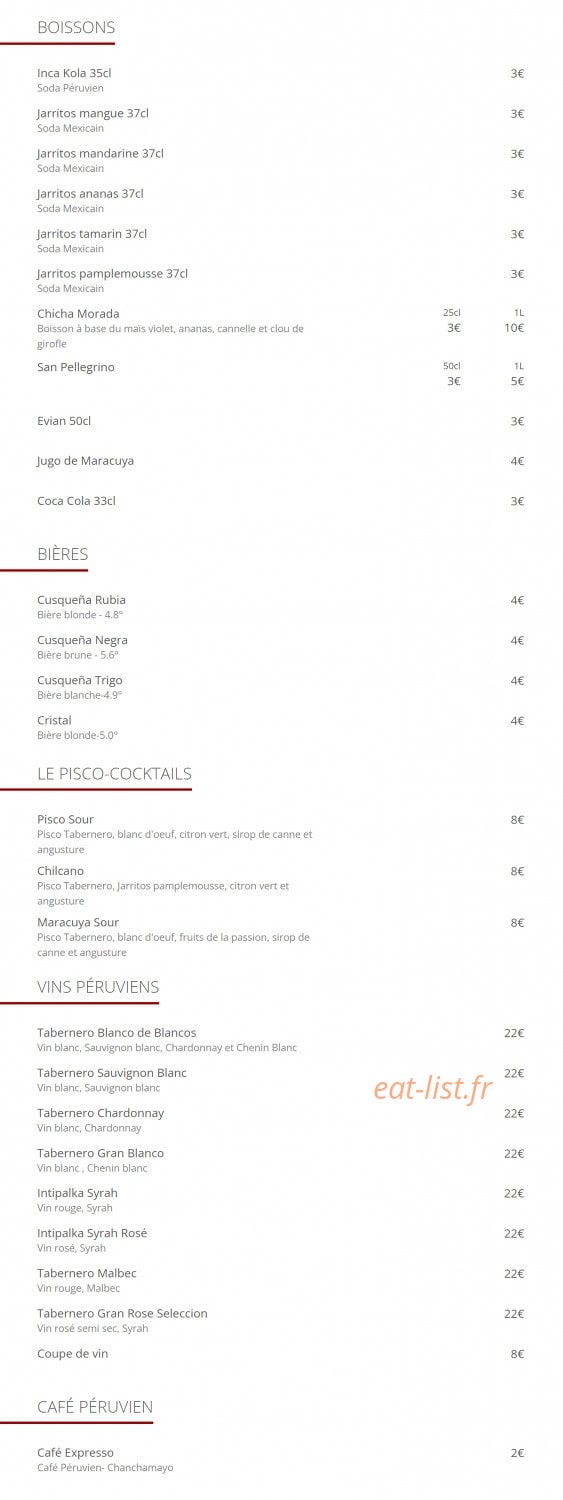 Carte et menu de Cevicheria Bon Bon à Paris 13 — boissons