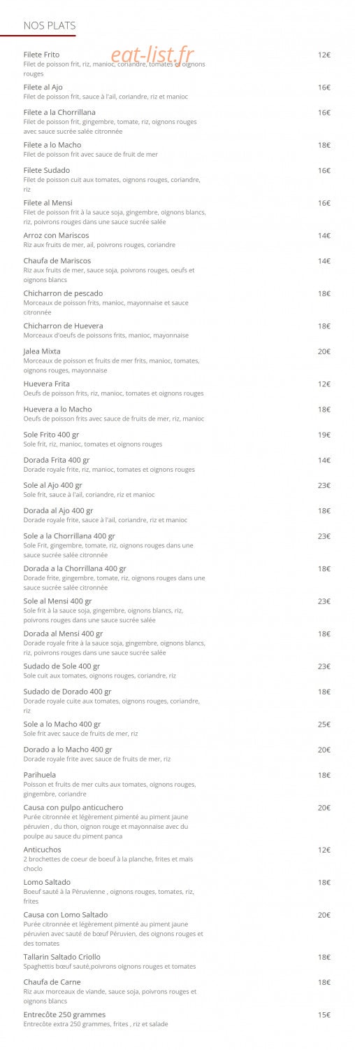 Carte et menu de Cevicheria Bon Bon à Paris 13 — plats
