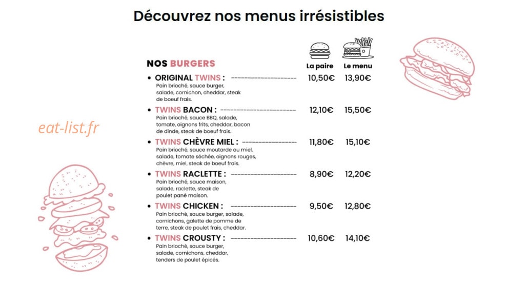 Twins Burgers — carte page 1
