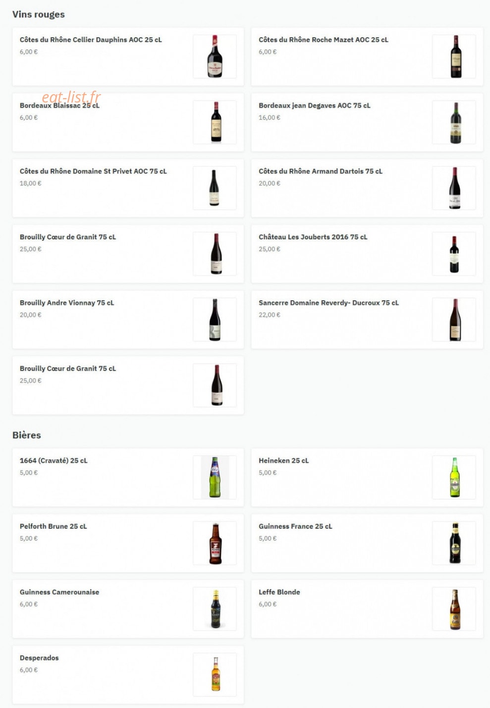 Carte et menu de Aux Rêves d'Afrique Chez Clarice à Paris 14 — Les vins rouges, bières