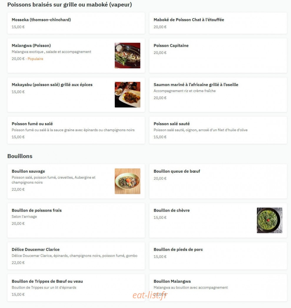 Carte et menu de Aux Rêves d'Afrique Chez Clarice à Paris 14 — Les poissons braisés sur grille ou maboké, bouillons