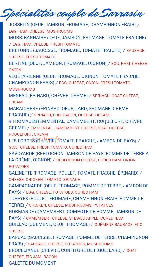 Crêperie de Josselin — carte page 2
