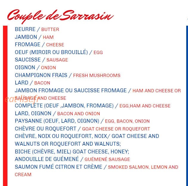 Crêperie de Josselin — carte page 1