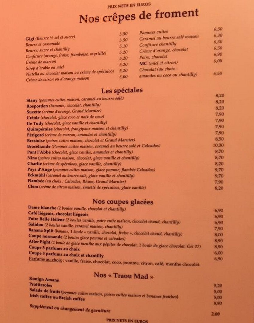 Crêperie de Pont Aven — carte page 2