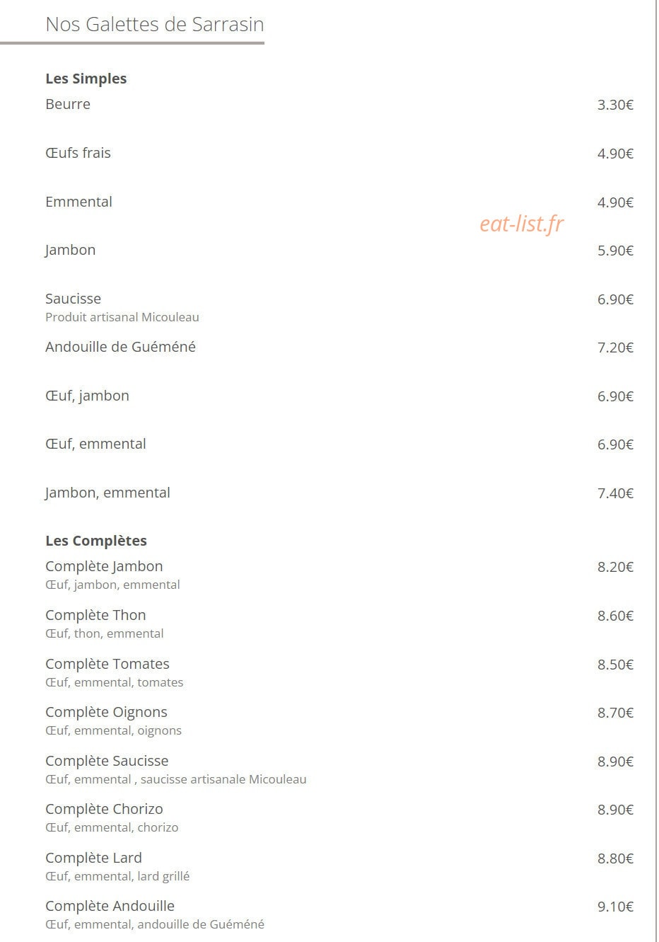 Crêperie de Quiberon — carte page 1