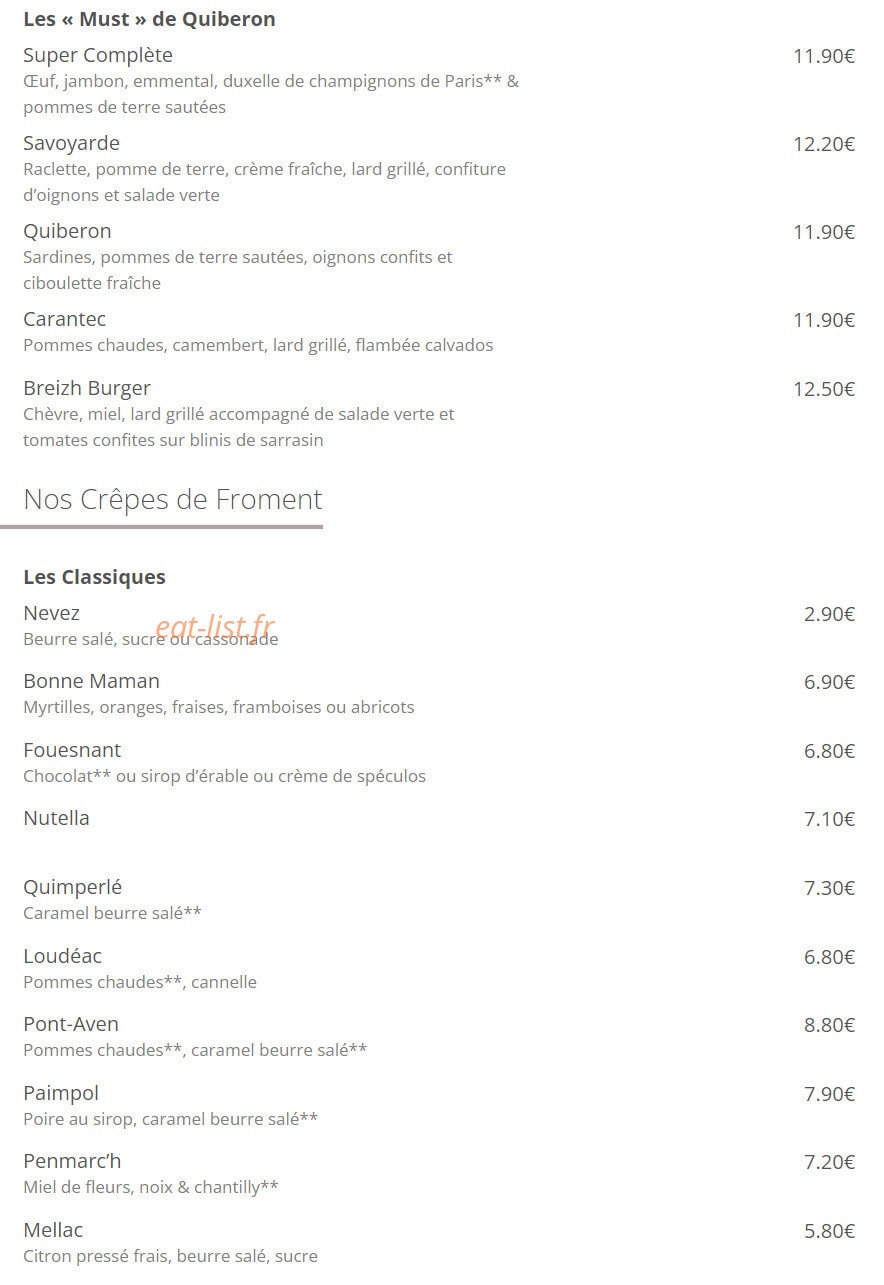 Crêperie de Quiberon — carte page 3