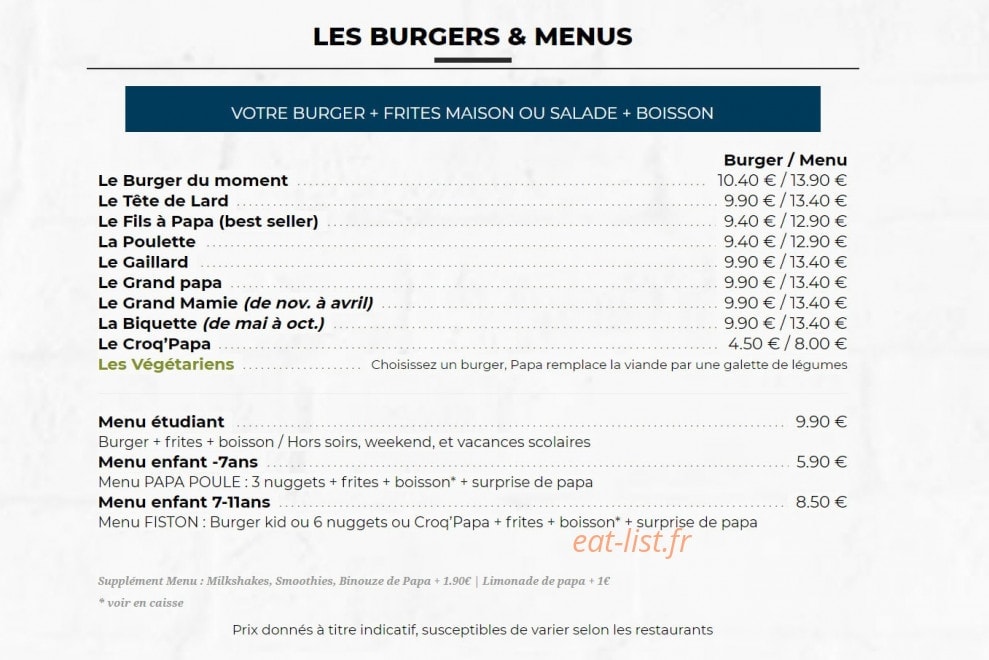 Les Burgers de Papa — carte page 2