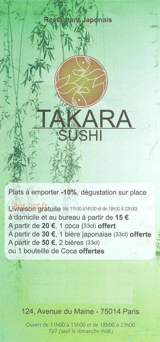 Takara sushi — carte page 1