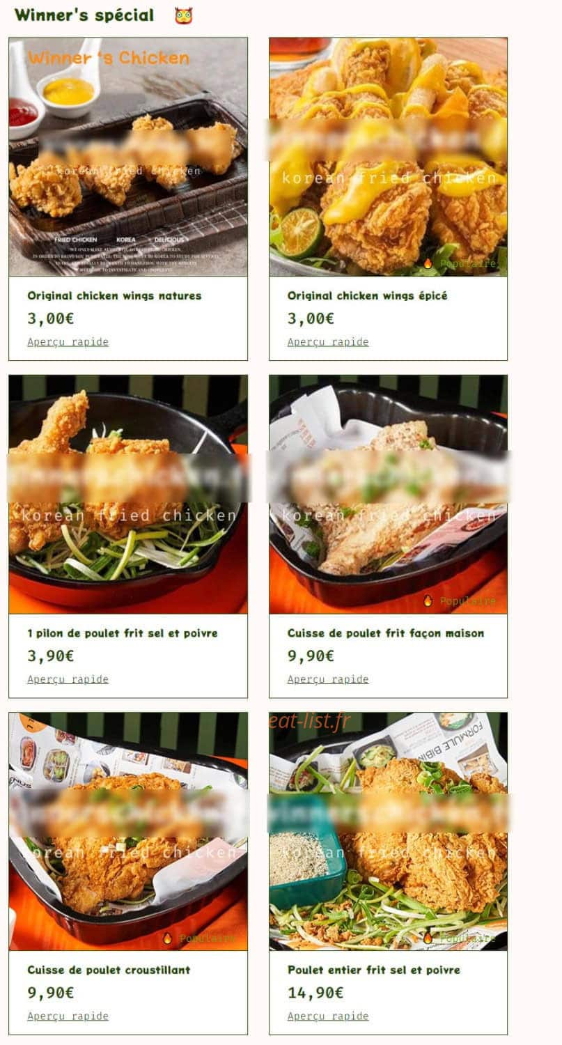 Winner's Chicken — carte page 6