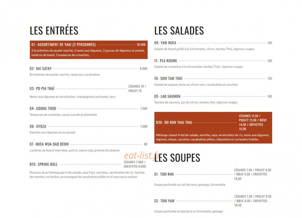 Yaai Thaï — carte page 1