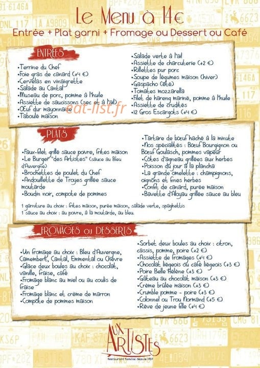 Aux Artistes — carte page 1