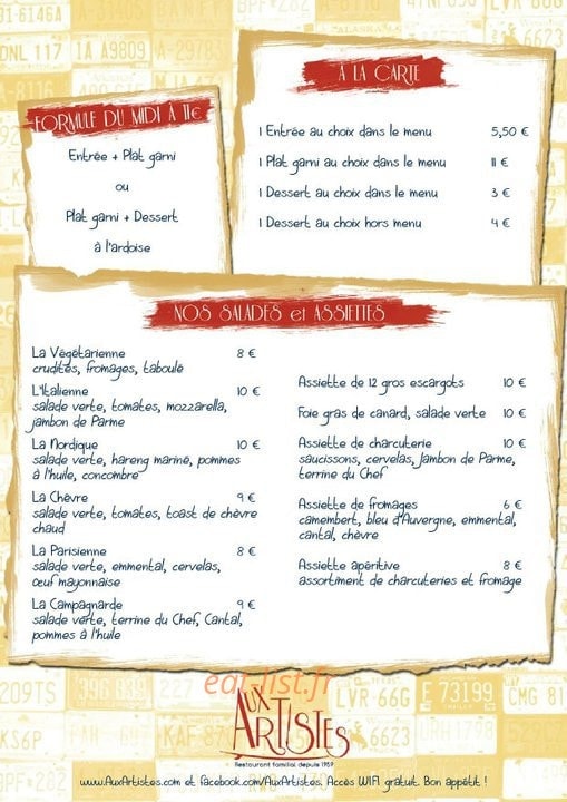Aux Artistes — carte page 2