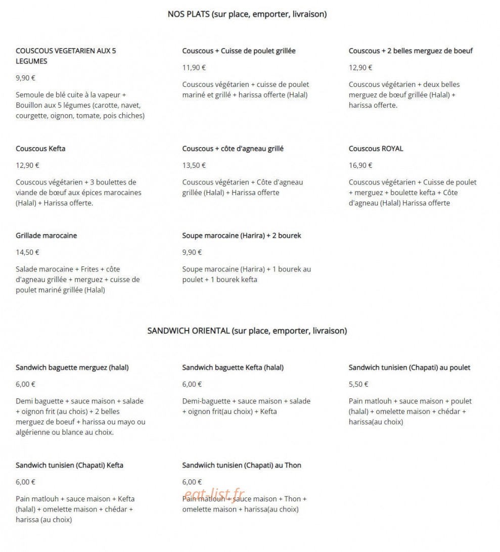 Bar à Couscous — carte page 1