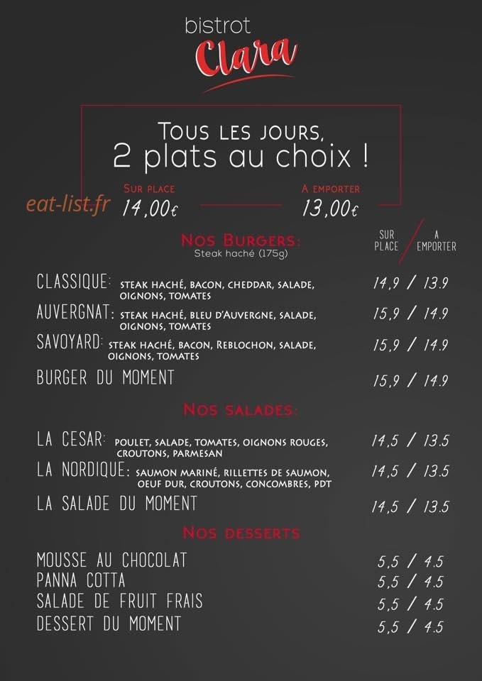 Bistrot Clara — carte page 1