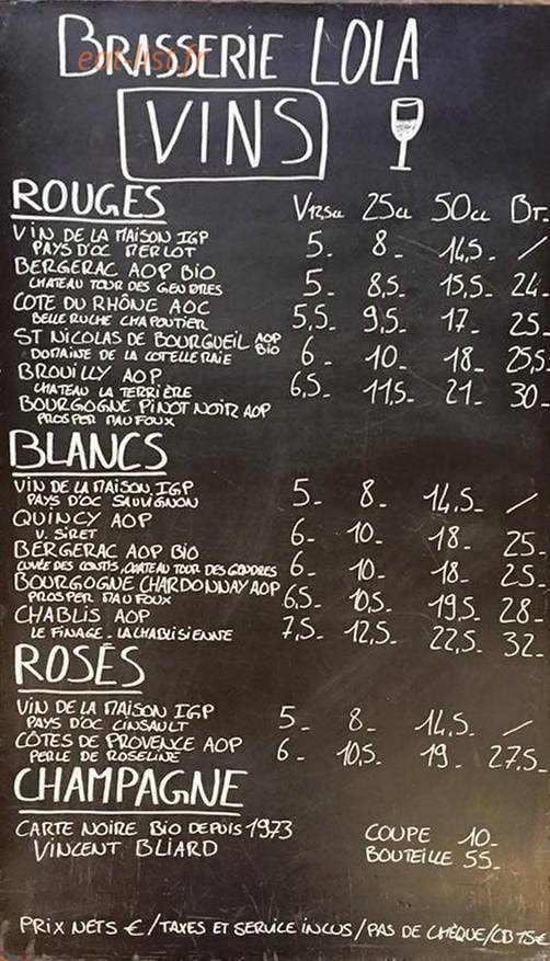 Brasserie Lola — carte page 1