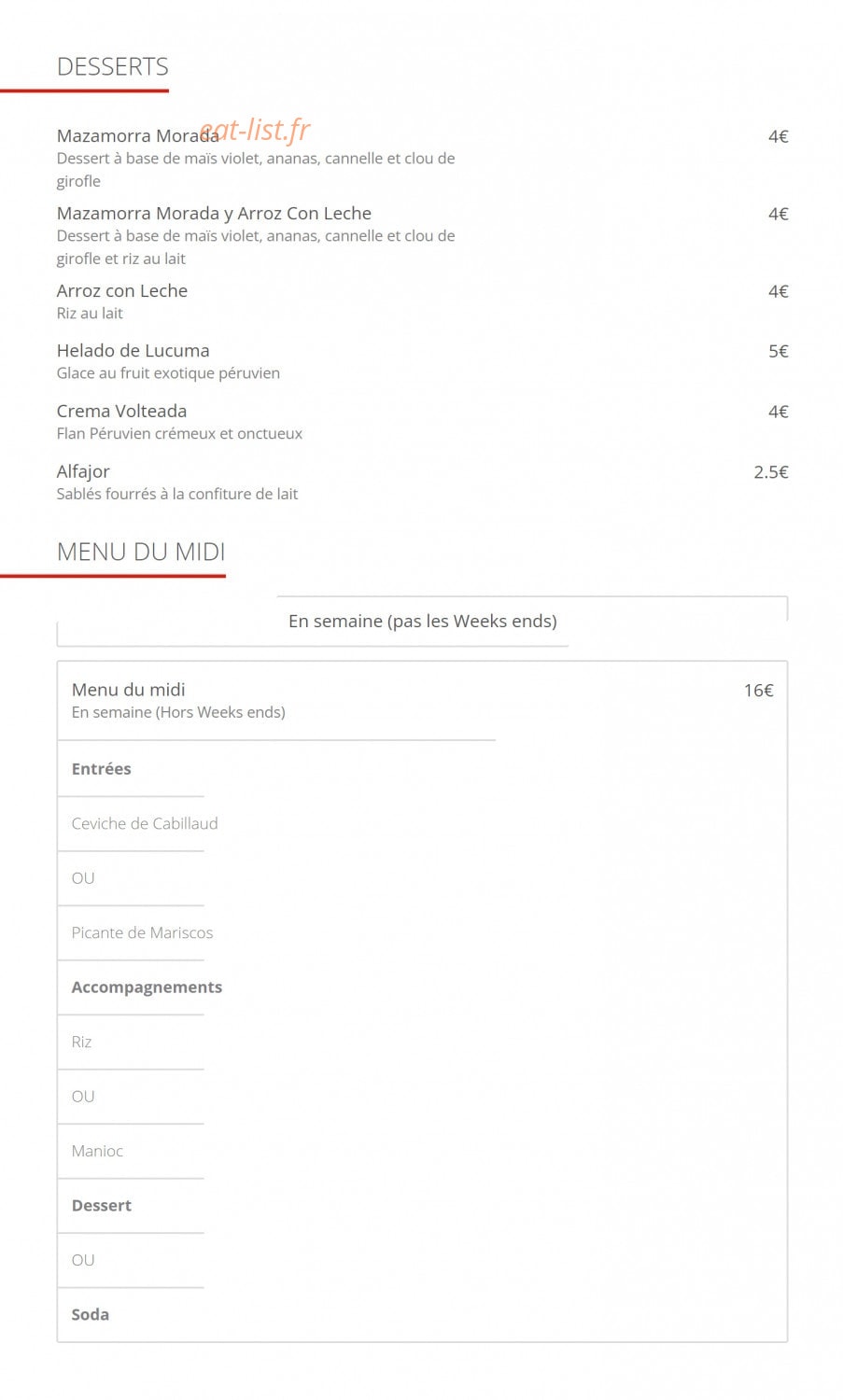 Carte et menu de Cevicheria Bon Bon à Paris 15 — menu du midi
