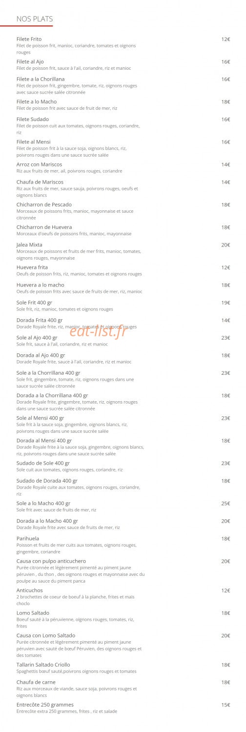 Carte et menu de Cevicheria Bon Bon à Paris 15 — plats