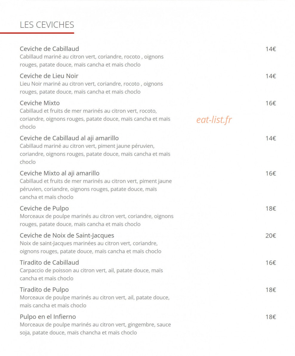 Carte et menu de Cevicheria Bon Bon à Paris 15 — les ceviches