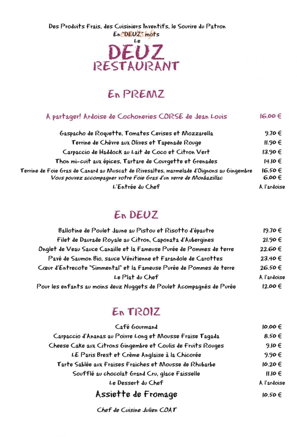 Deuz Restaurant — carte page 1