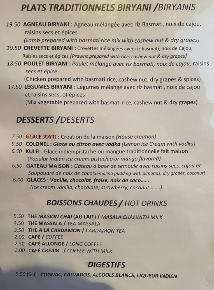 Joyti Restaurant — carte page 1