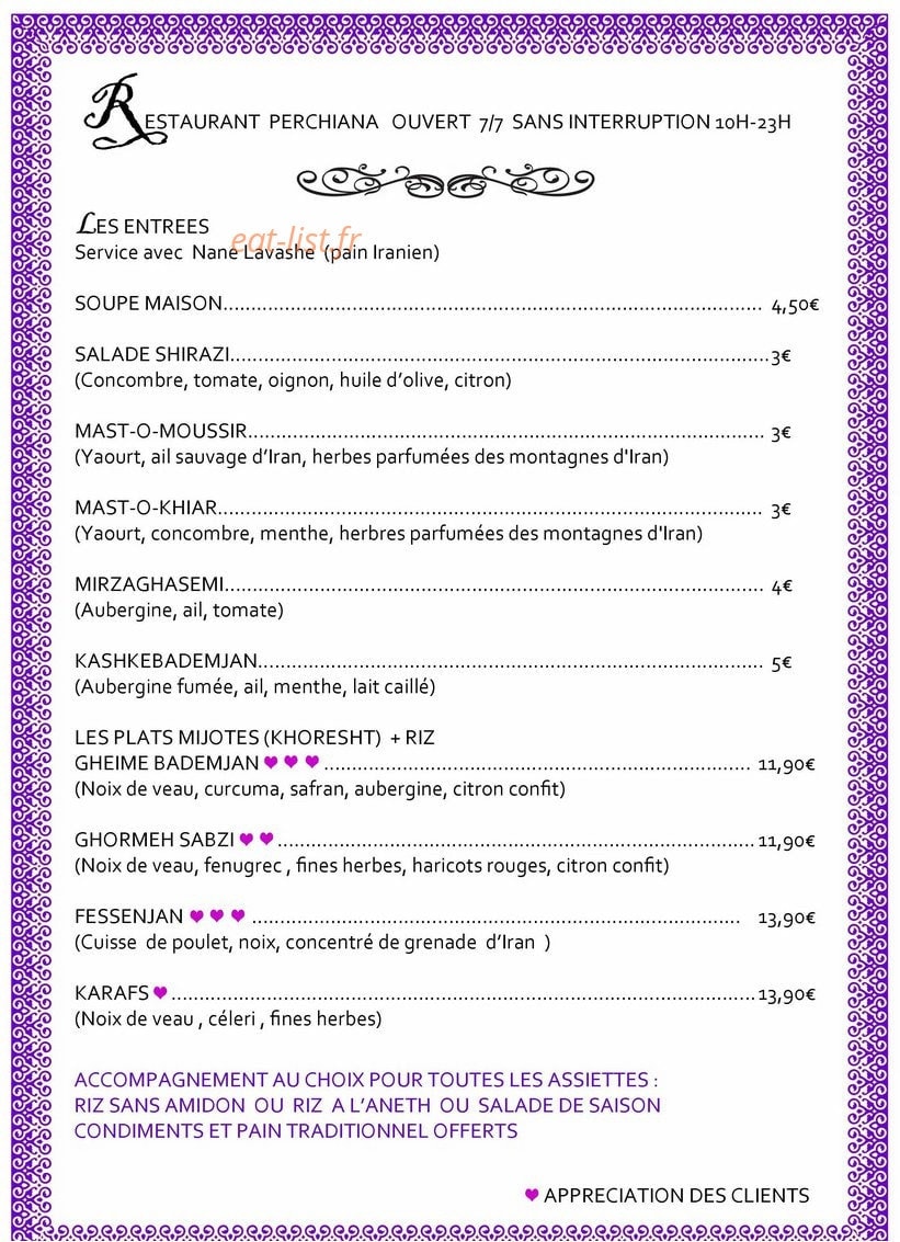 Restaurant Perchiana — carte page 1