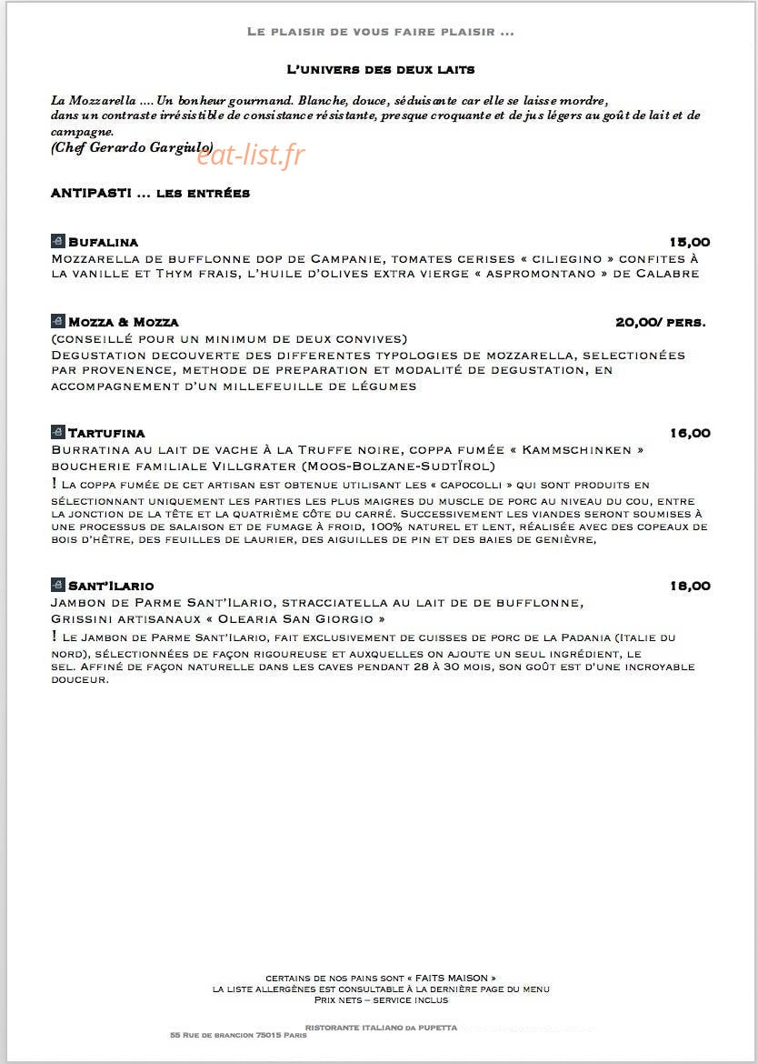 Ristorante Italiano da Pupetta — carte page 1