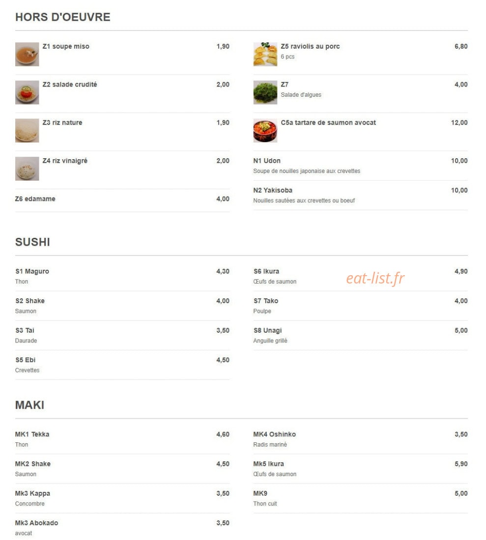 Carte et menu de Saitama Balard Japonais à Paris 15 — Les hors d' œuvres, sushi et meki