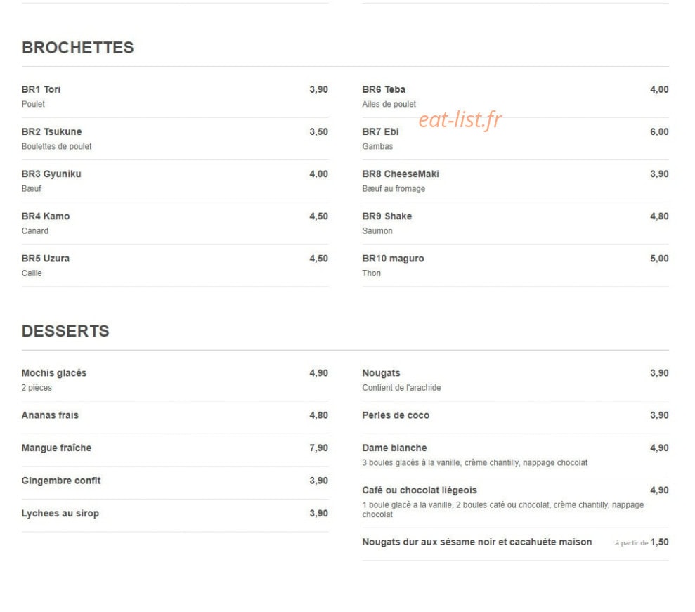 Carte et menu de Saitama Balard Japonais à Paris 15 — Les brochettes et desserts