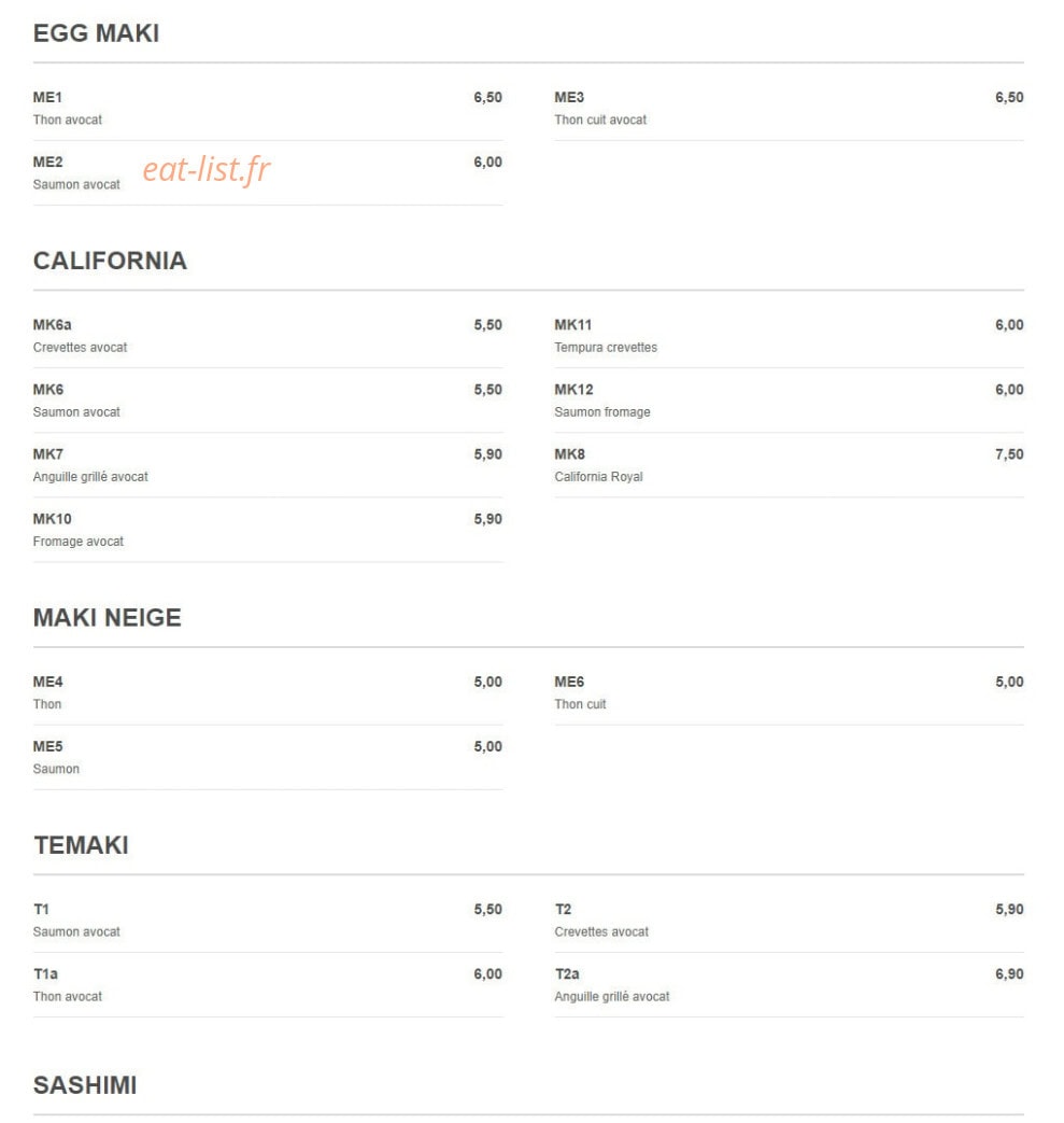 Carte et menu de Saitama Balard Japonais à Paris 15 — California, temaki et sashimi,...