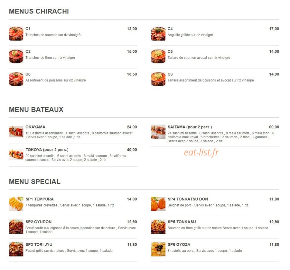 Carte et menu de Saitama Balard Japonais à Paris 15 — Les menus chirachi, menus bateaux et menu spécial
