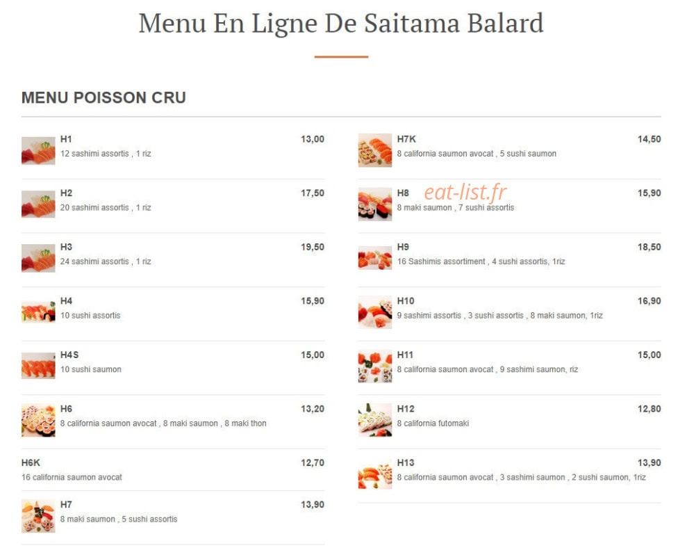 Carte et menu de Saitama Balard Japonais à Paris 15 — Les menus poissons cru