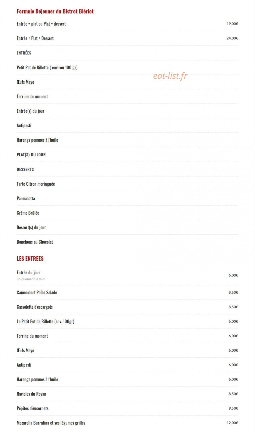 Bistrot Blériot — carte page 1