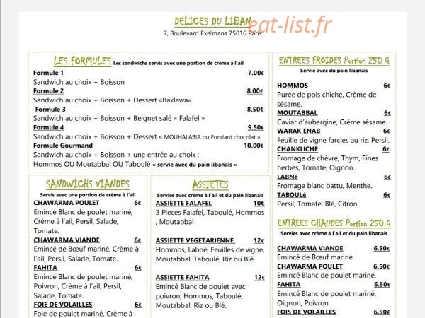 Délices du Liban — carte page 1