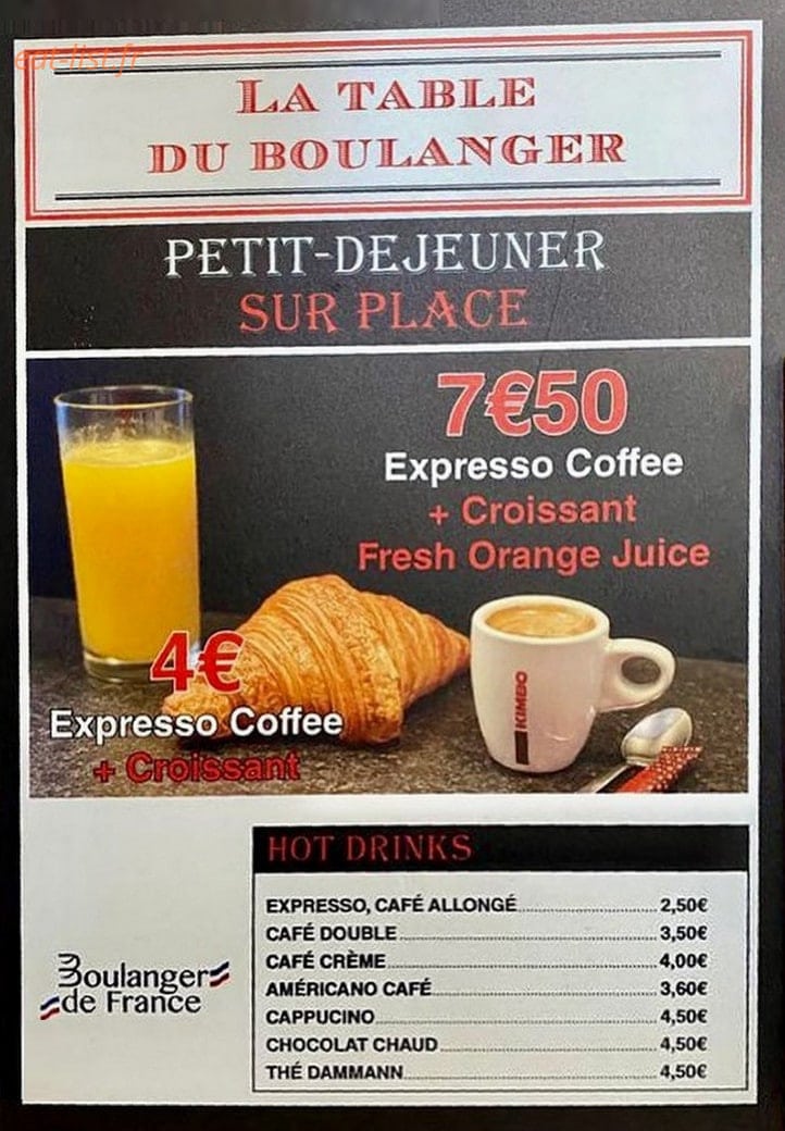 La Table du Boulanger — carte page 1
