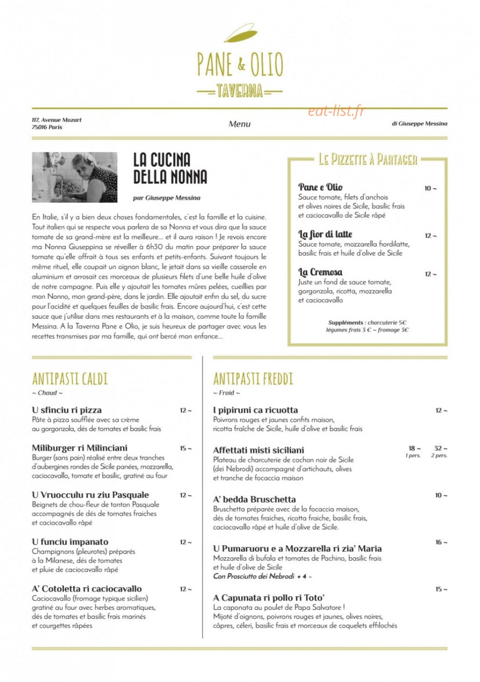 Pane & Olio — carte page 1