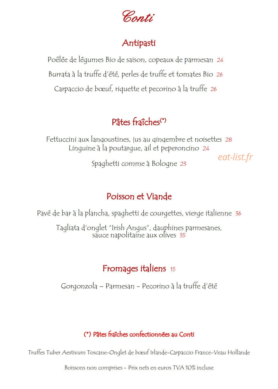 Restaurant Conti — carte page 1