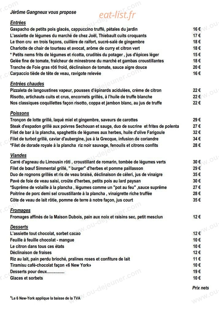 Restaurant le 6 New York — carte page 1
