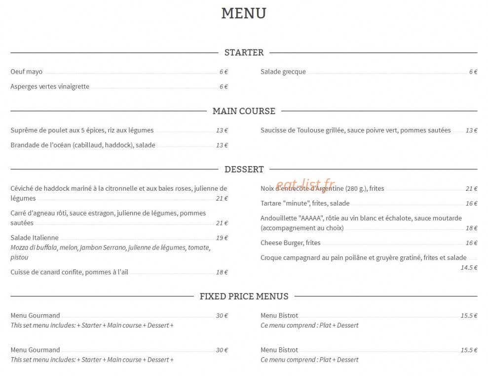 Bistrot Gourmand — carte page 1