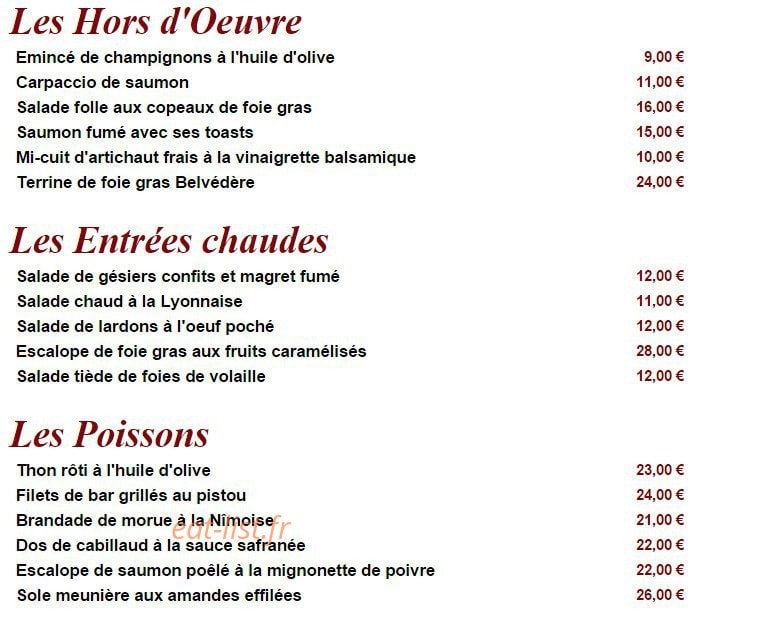 Brasserie du Belvedere — carte page 1