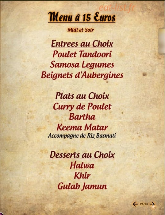 Délice de l'Inde — carte page 15