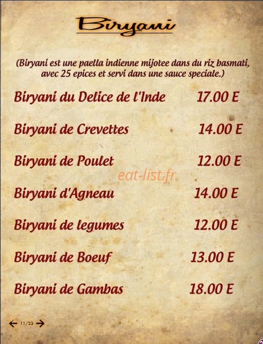 Délice de l'Inde — carte page 8
