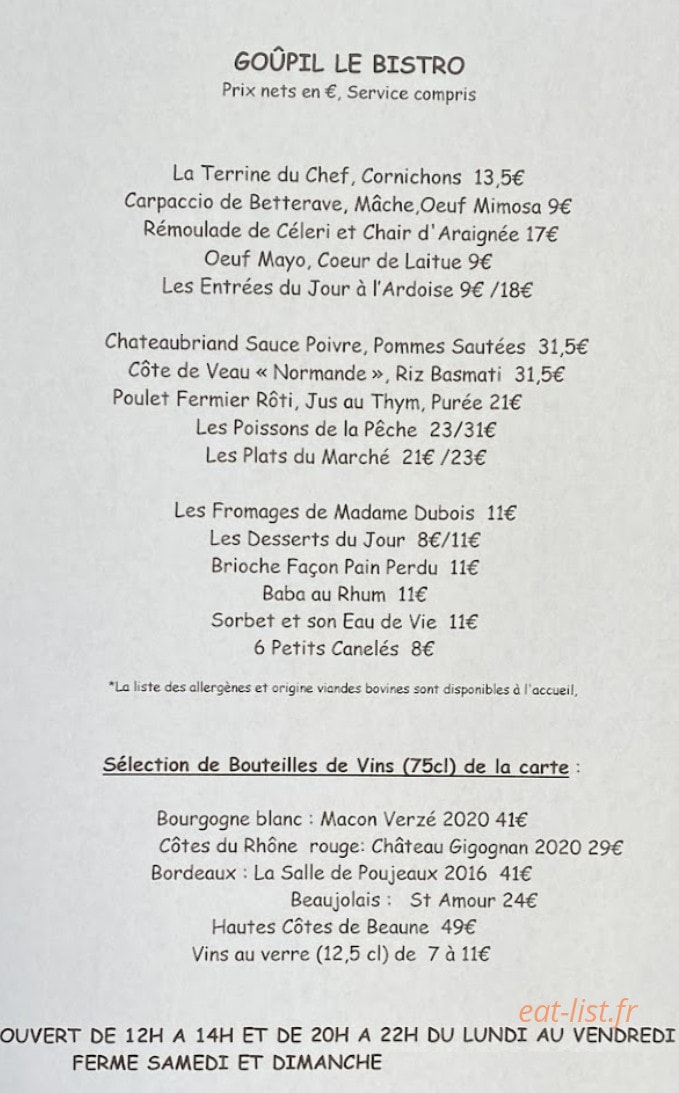 Goupil Le Bistro — carte page 1