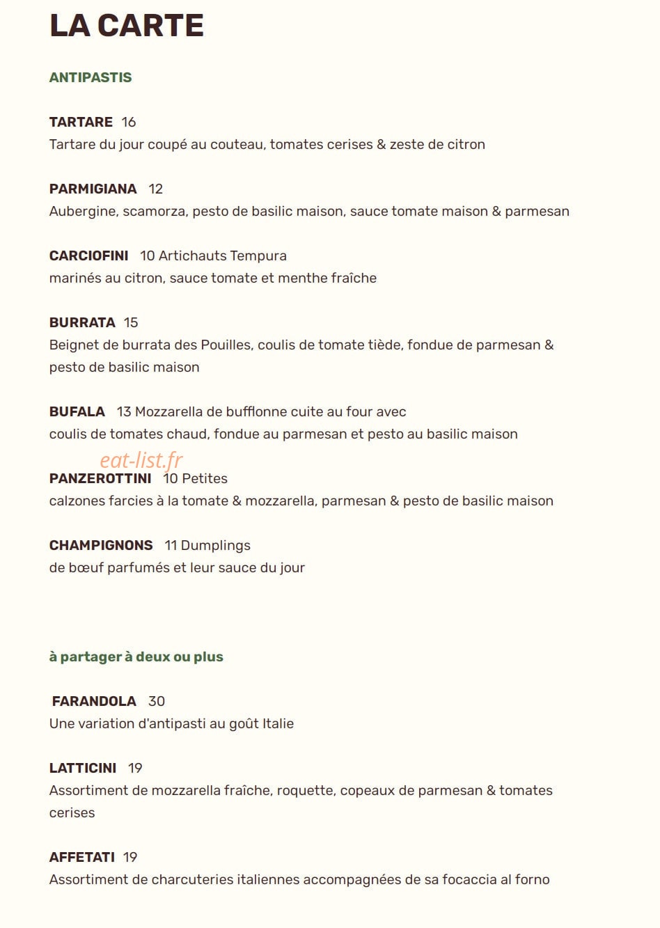 La Buca — carte page 1