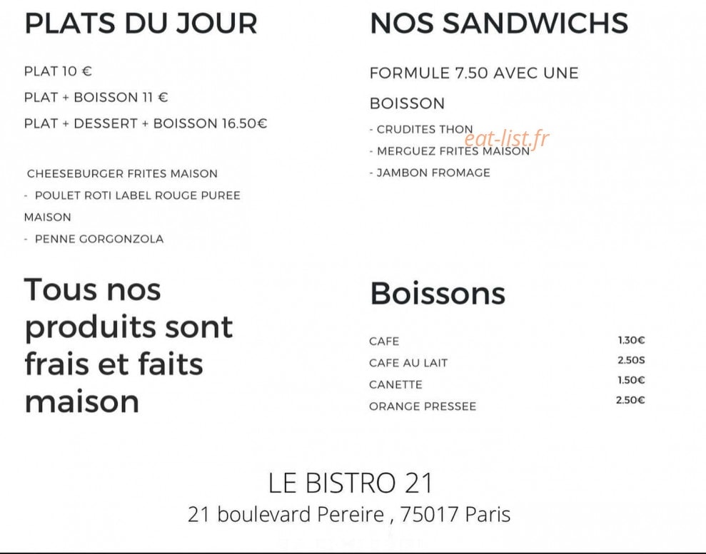 Le bistro 21 — carte page 1