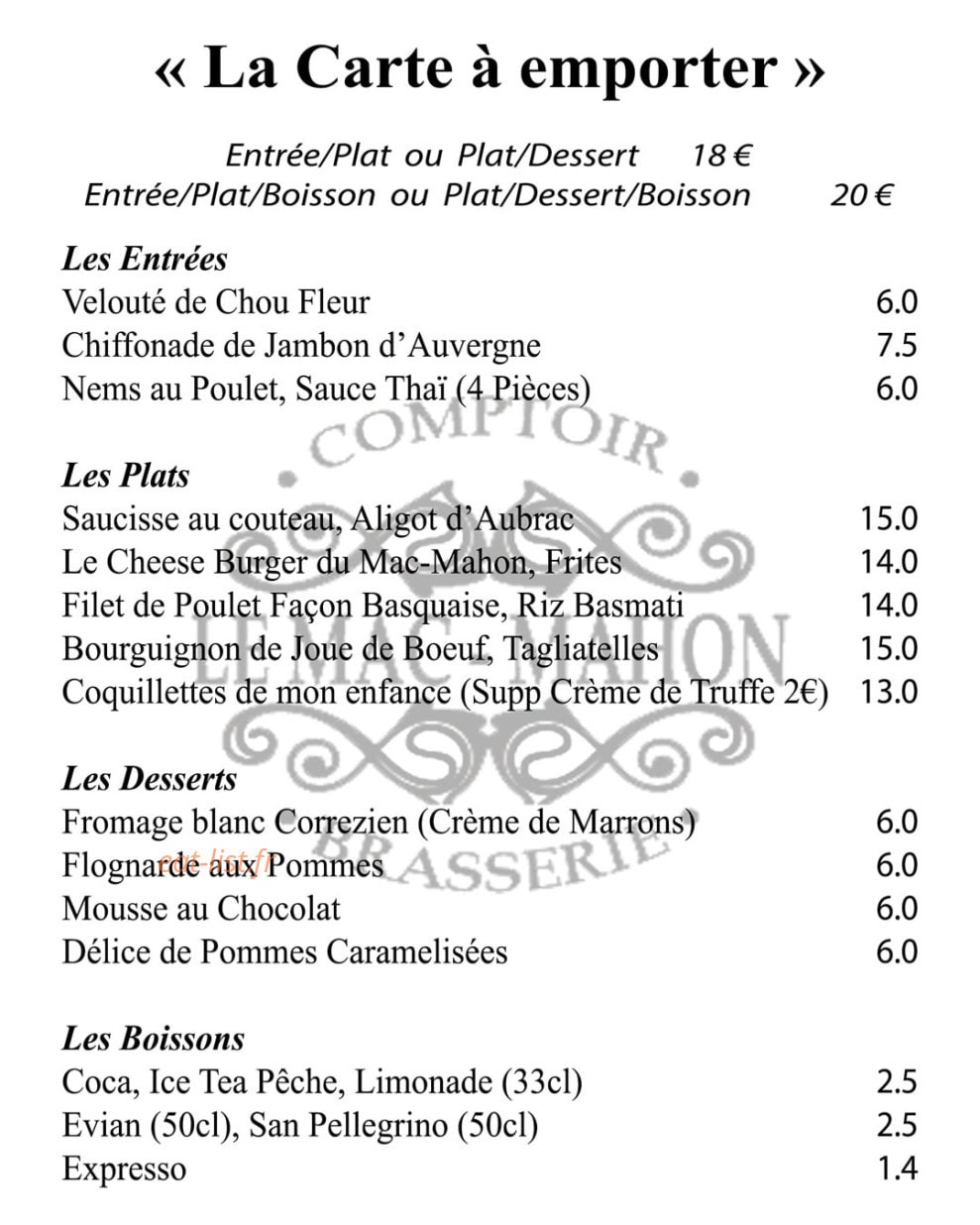 Le Mac-Mahon cafe — carte page 1