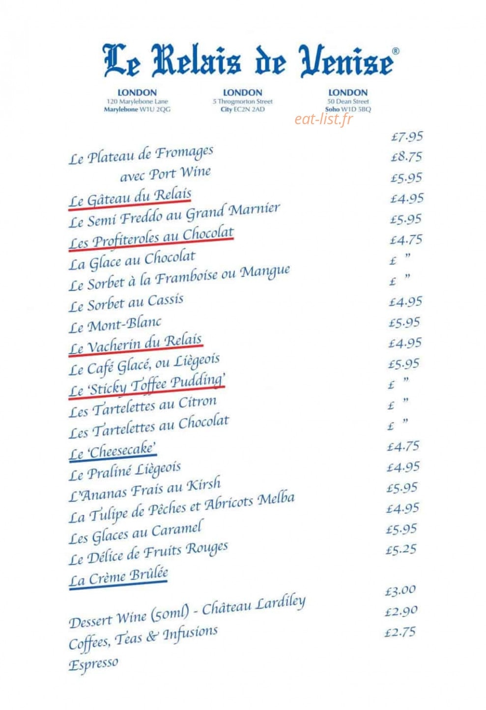 Le Relais de Venise - L'Entrecôte — carte page 2